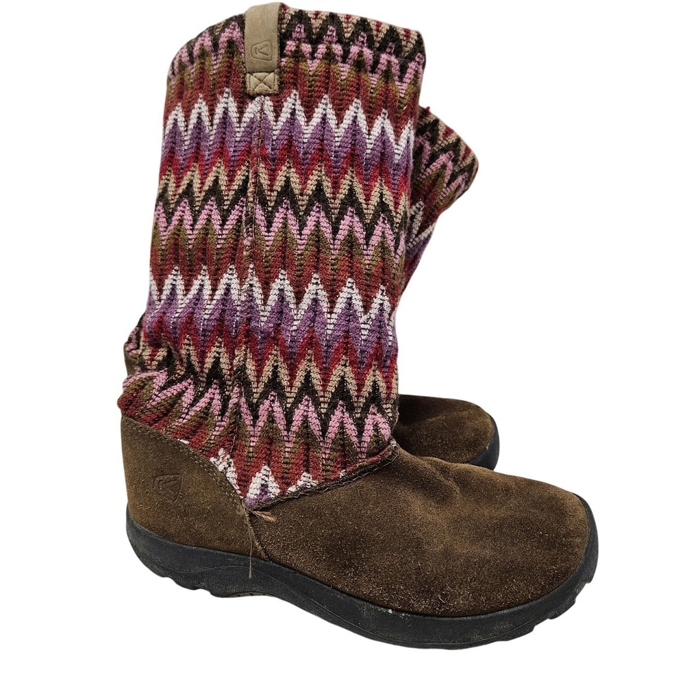 KEEN Boots Girls 3 Brown Pink Chevron Knit Suede Sherpa Lined Pull On Bohemian